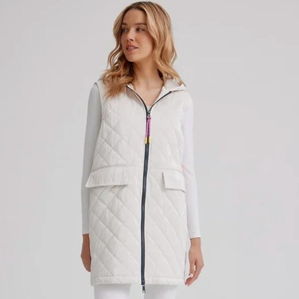 Nikki Jones Montreal Spring 24 Collection Hooded Mid-Length Quilted Vest Cream M